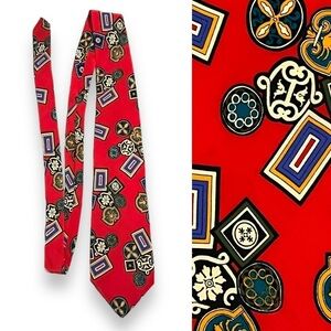 Vintage John Henry Neck Tie 100% Silk Colorful Geometric Print Red Made in USA